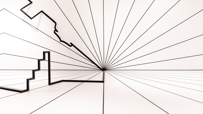 A white wall showing two-point perspective of several black lines.